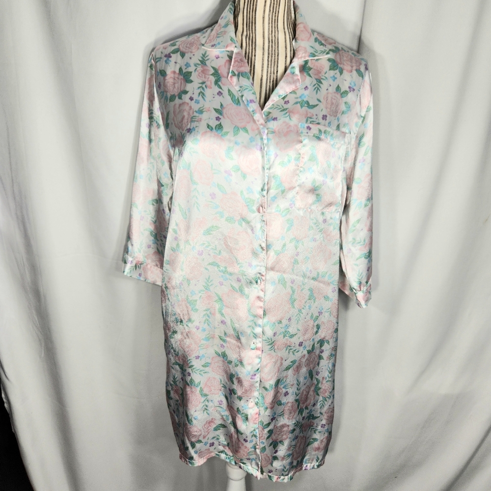 Whitney Brooks White Multi Rose Print 3/4 Sleeve Satin Night Gown Size Small